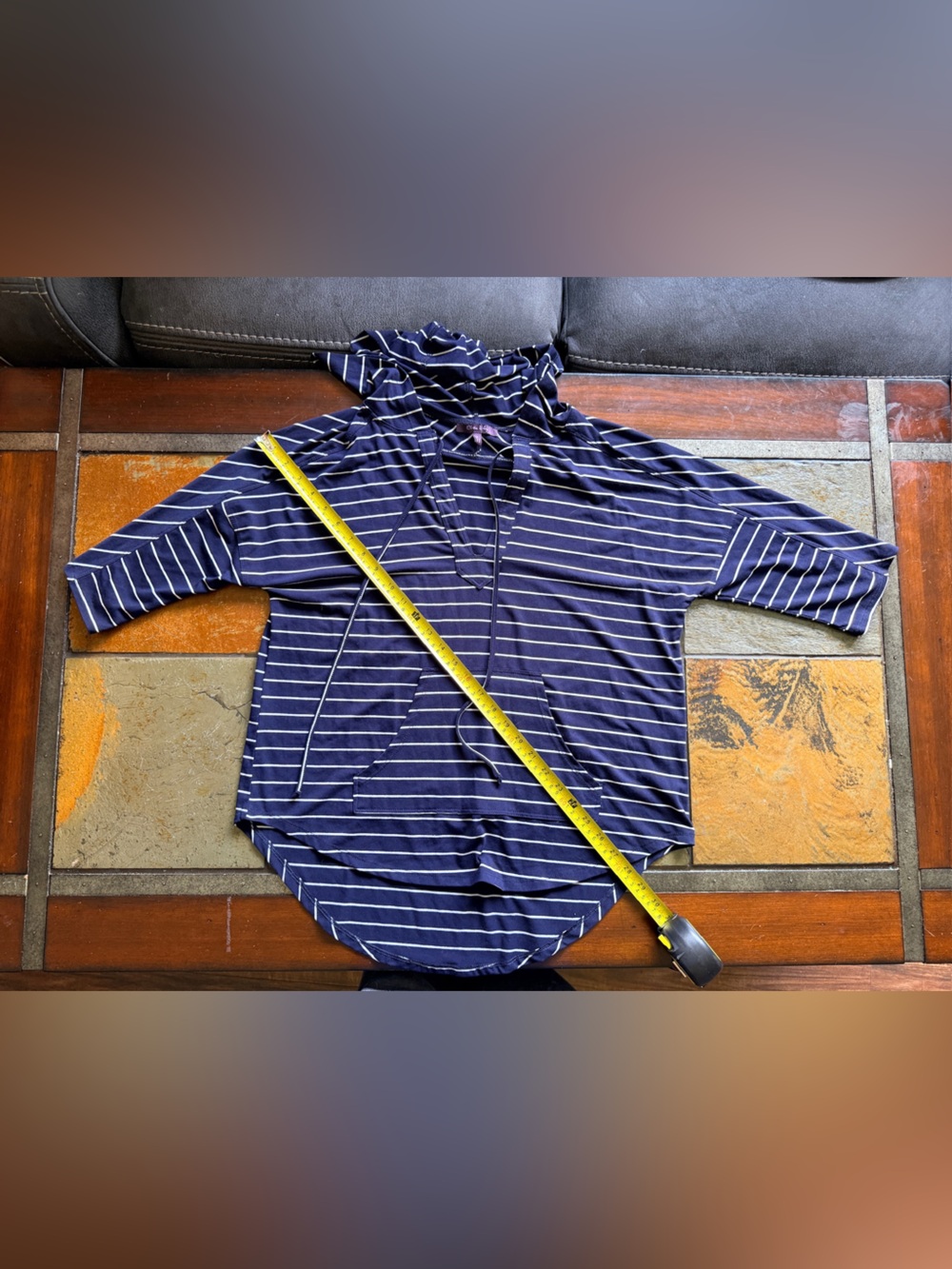 Navy with white stripe Olivia sky small light hoody kangaroo pouch string beach